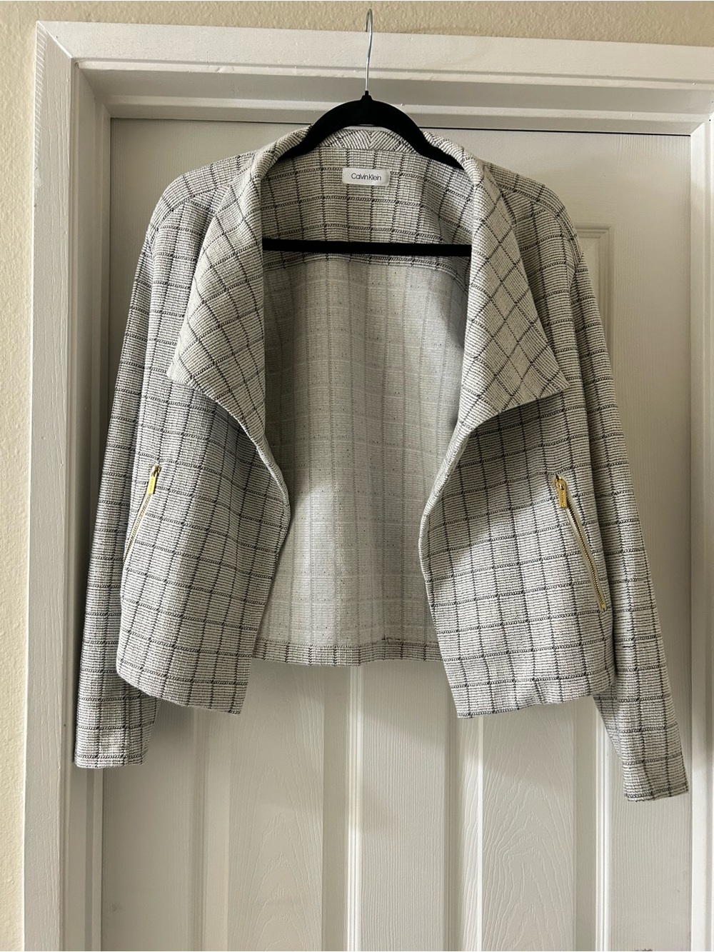 Calvin Klein Cream Plaid Draped Open-Front Blazer